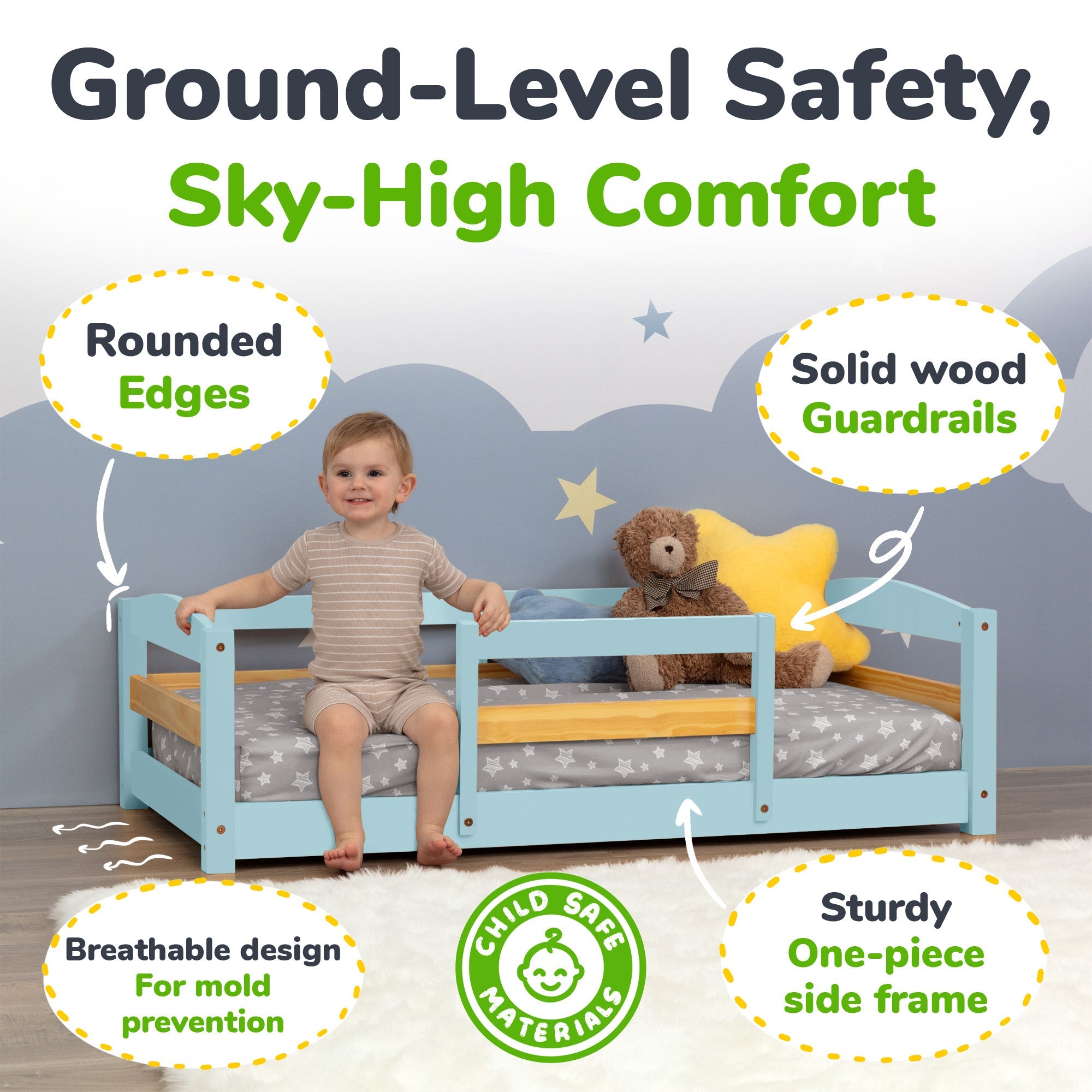 Crib Size Wooden Floor Bed Frame with Rails for Toddlers Age 1–3