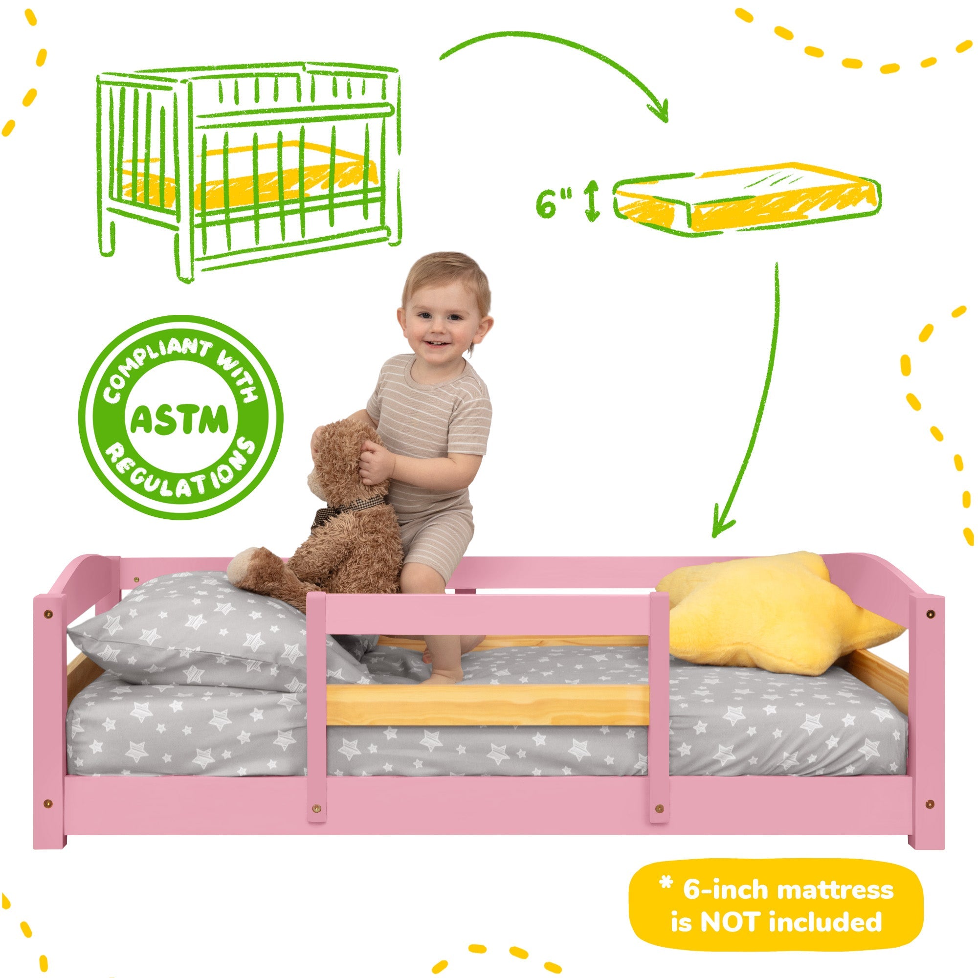 Crib Size Wooden Floor Bed Frame with Rails for Toddlers Age 1–3