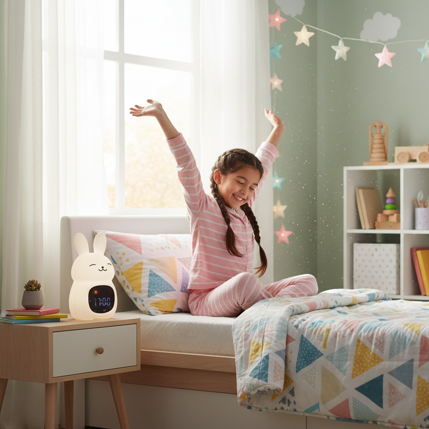 Child in a bedroom with colorful bedding and star decorations