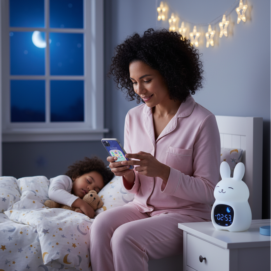 Woman in pink pajamas using a smartphone in a bedroom with a child sleeping and a nightlight on a nightstand.