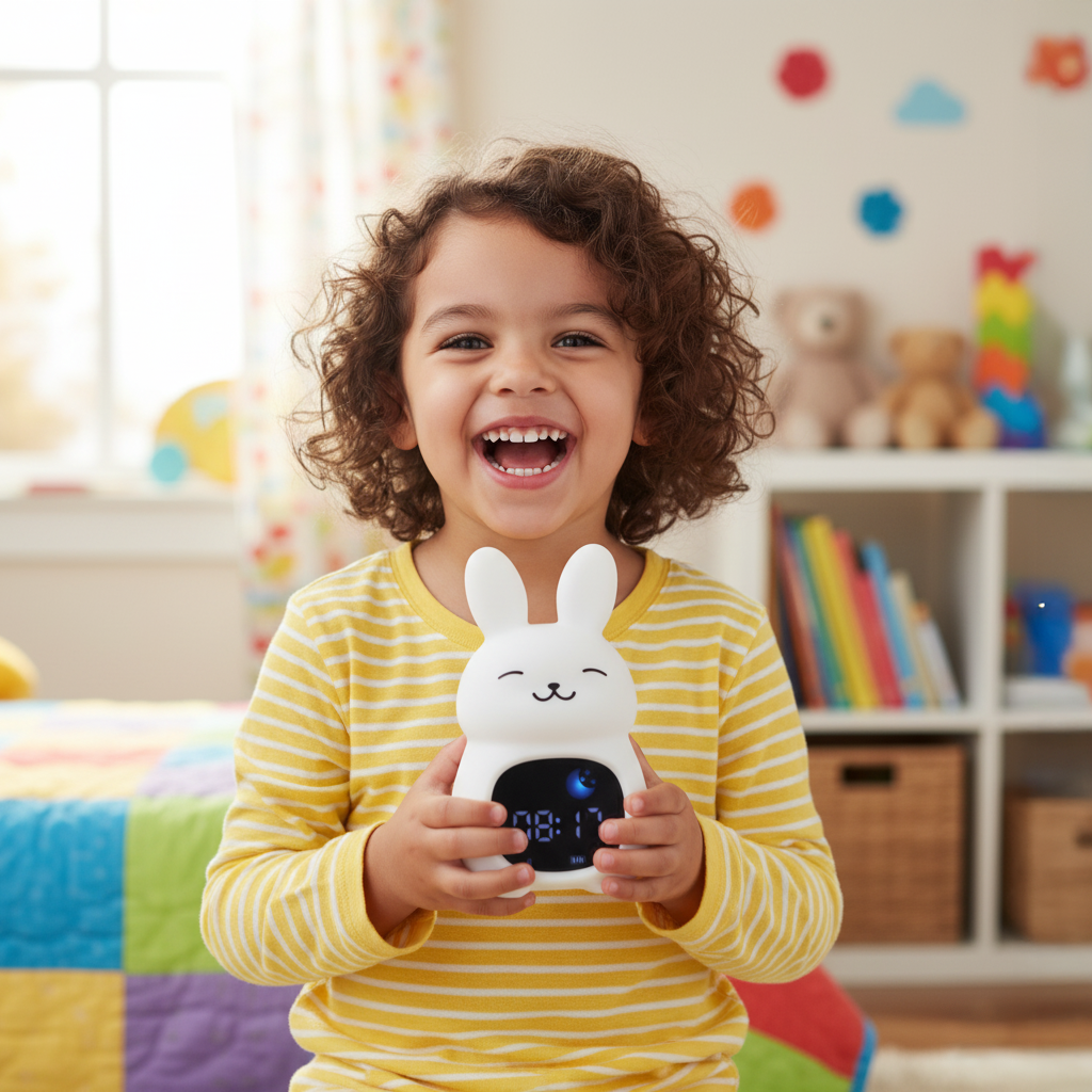 Child holding a toy in a colorful room with books and toys on shelves.