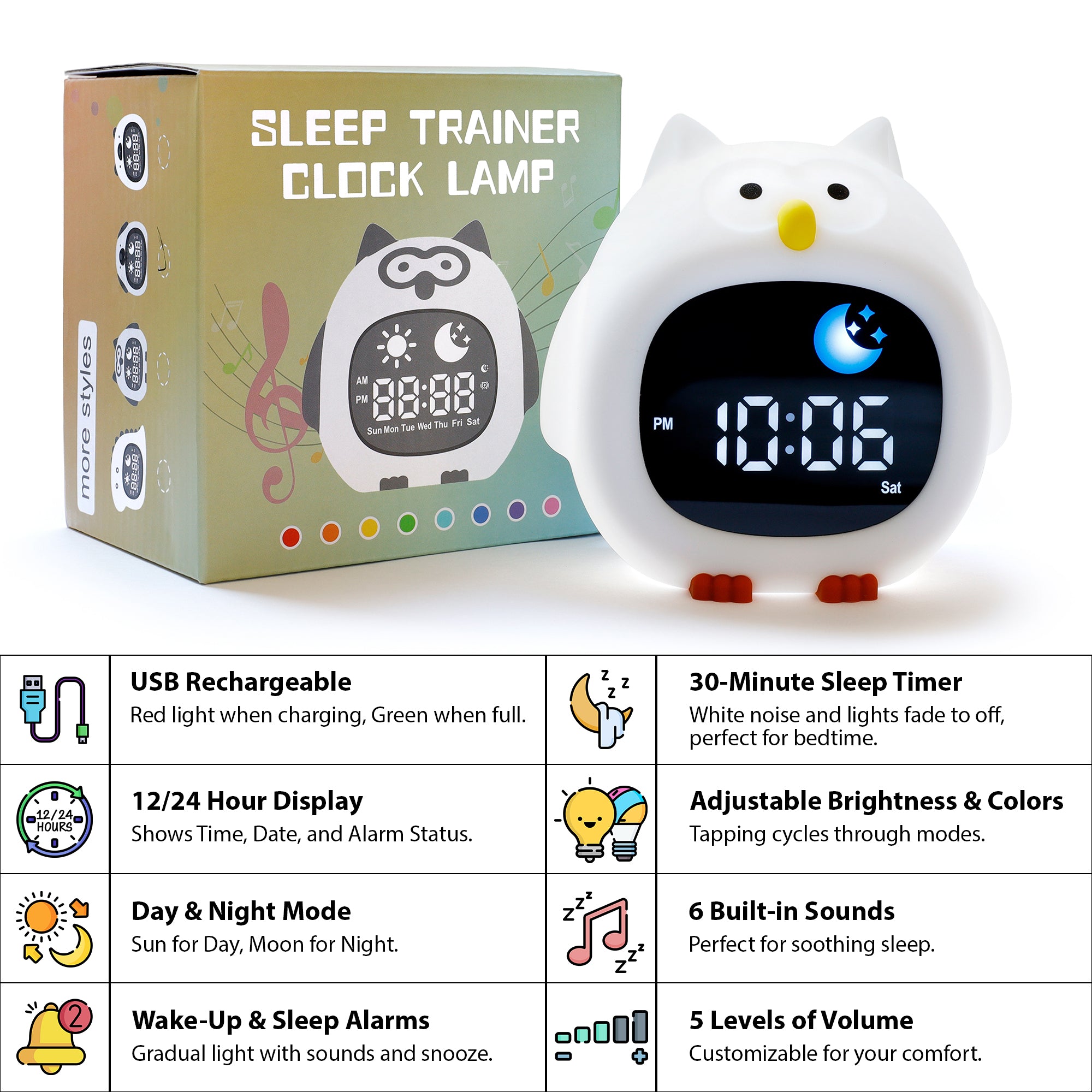 Friendly owl-shaped OK To Wake Clock, a cute alarm clock for kids.